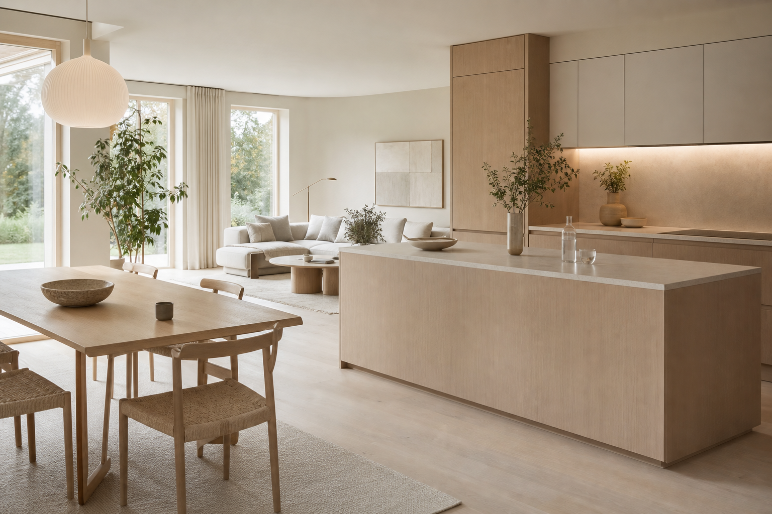 Kitchen and dining context with oak veneer, lambswool tones, and quiet family living atmosphere.