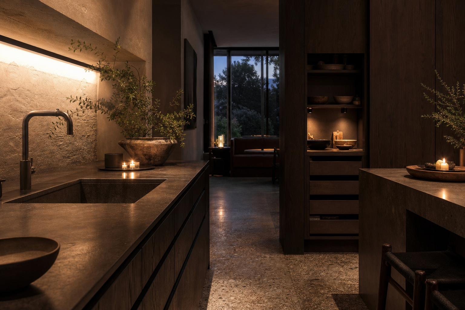 Fadior Budapest 450 sqm Kitchen Villa - terrazzo counter, sink, cabinet wall, lime plaster
