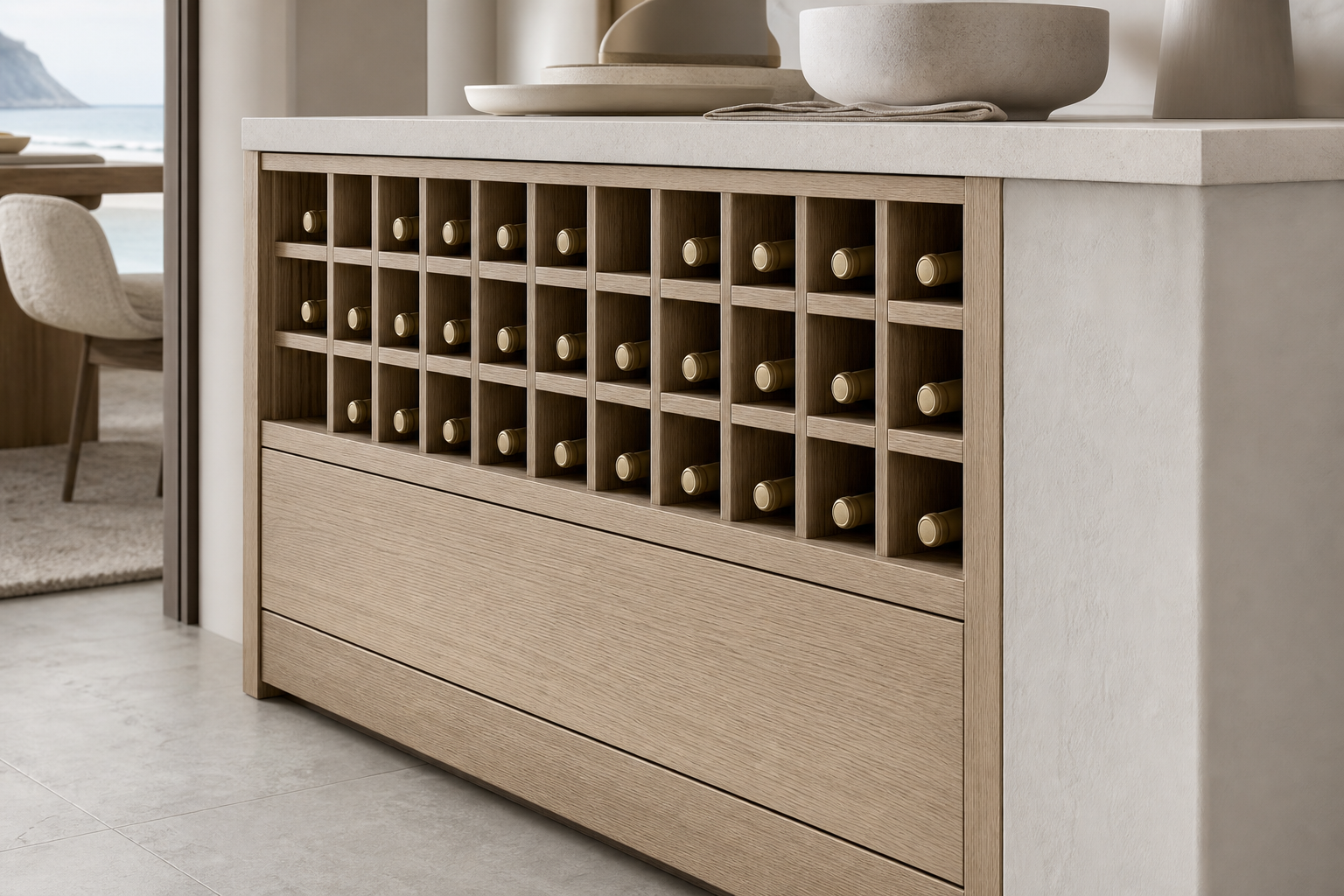 Fadior Grotto Wine Cabinet Suite with Chalk Cellar Tasting Plinth — close-up of stainless steel finish and hardware detail