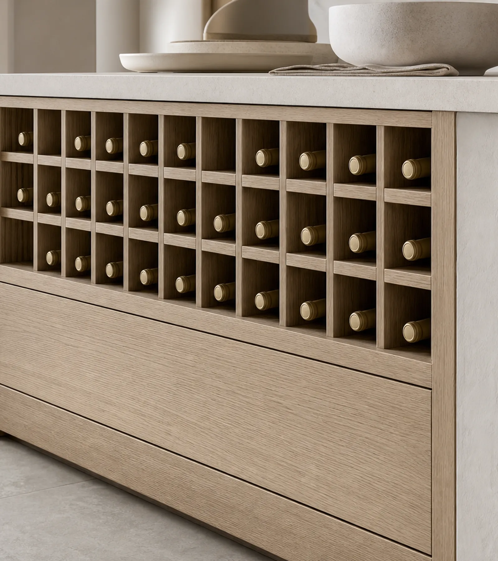 Fadior Grotto Wine Cabinet Suite with Chalk Cellar Tasting Plinth — close-up of stainless steel finish and hardware detail