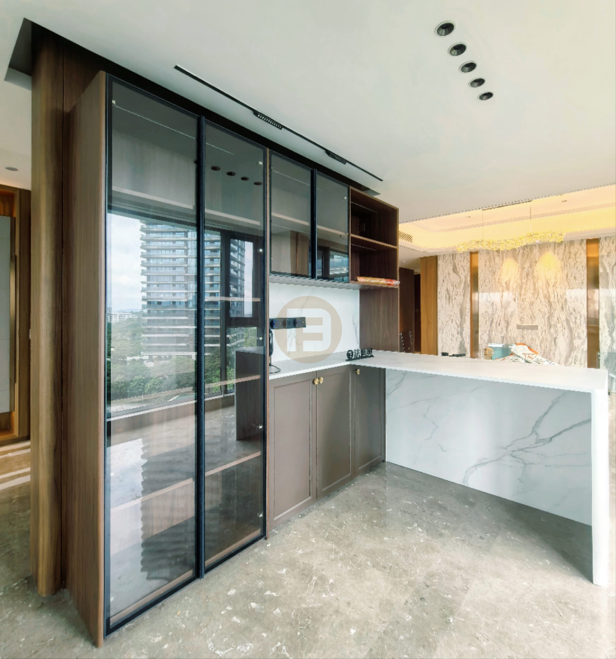 Smoked-glass bar cabinet and marble-wrapped serving counter off the living area