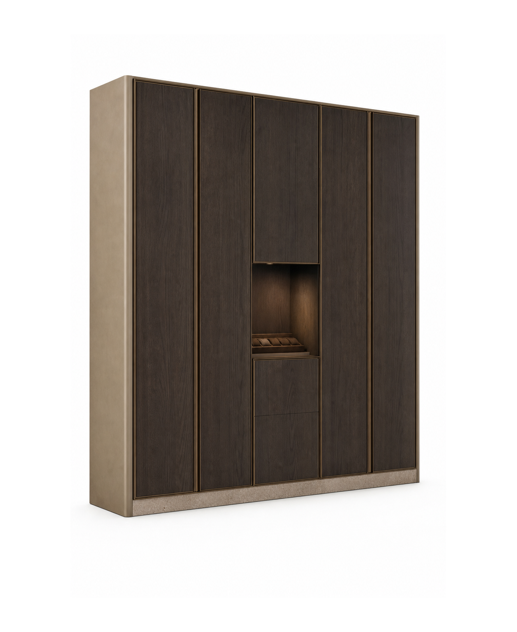 Fadior Voyage Wardrobe Suite with Recessed Watch Niche Wall — 304 stainless steel wardrobe system, front view