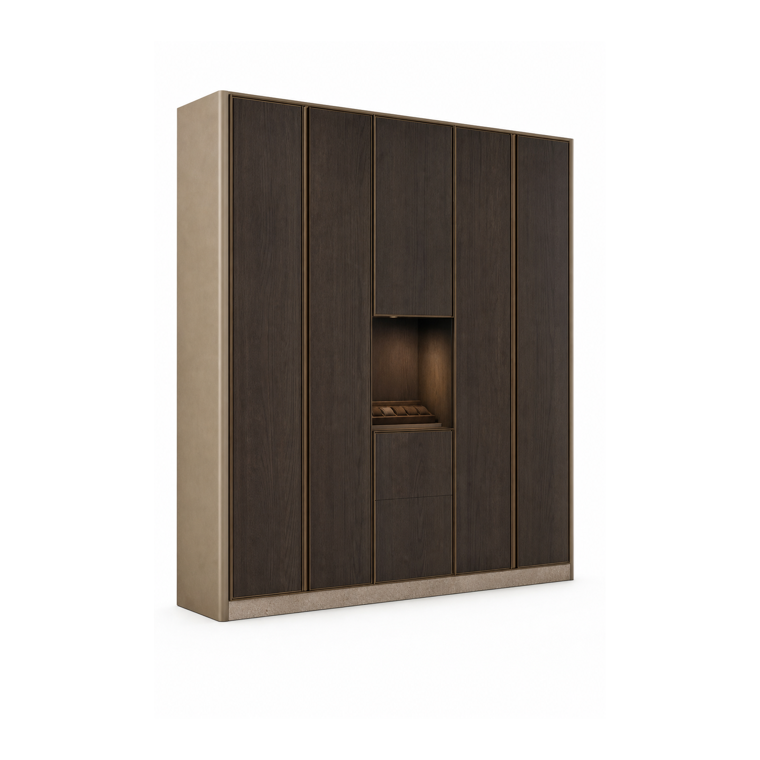 Fadior Voyage Wardrobe Suite with Recessed Watch Niche Wall — 304 stainless steel wardrobe system, front view