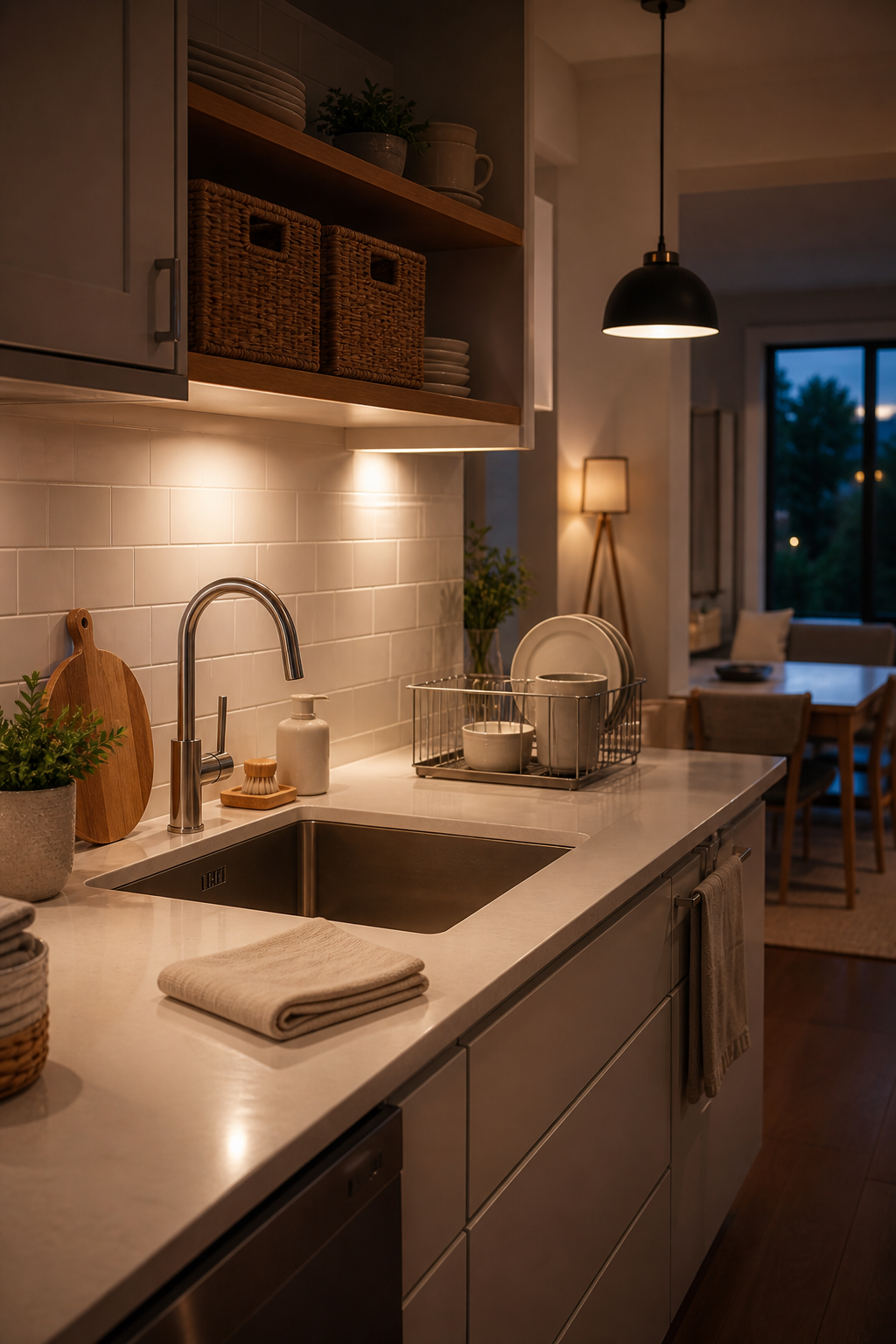 Quiet evening kitchen ready after a simple cleaning routine