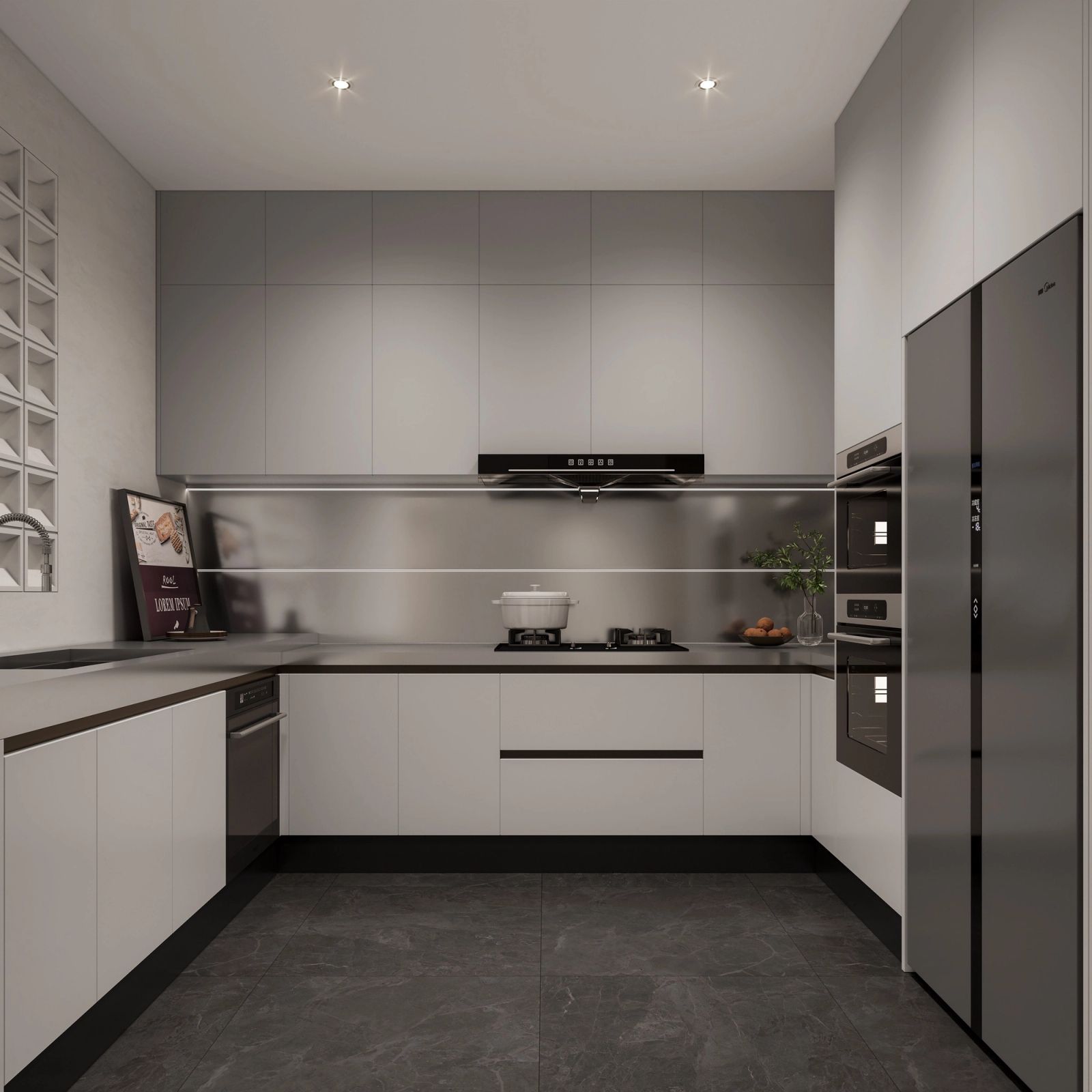 Bangkok showroom kitchen with soft grey tones and sculpted cabinetry