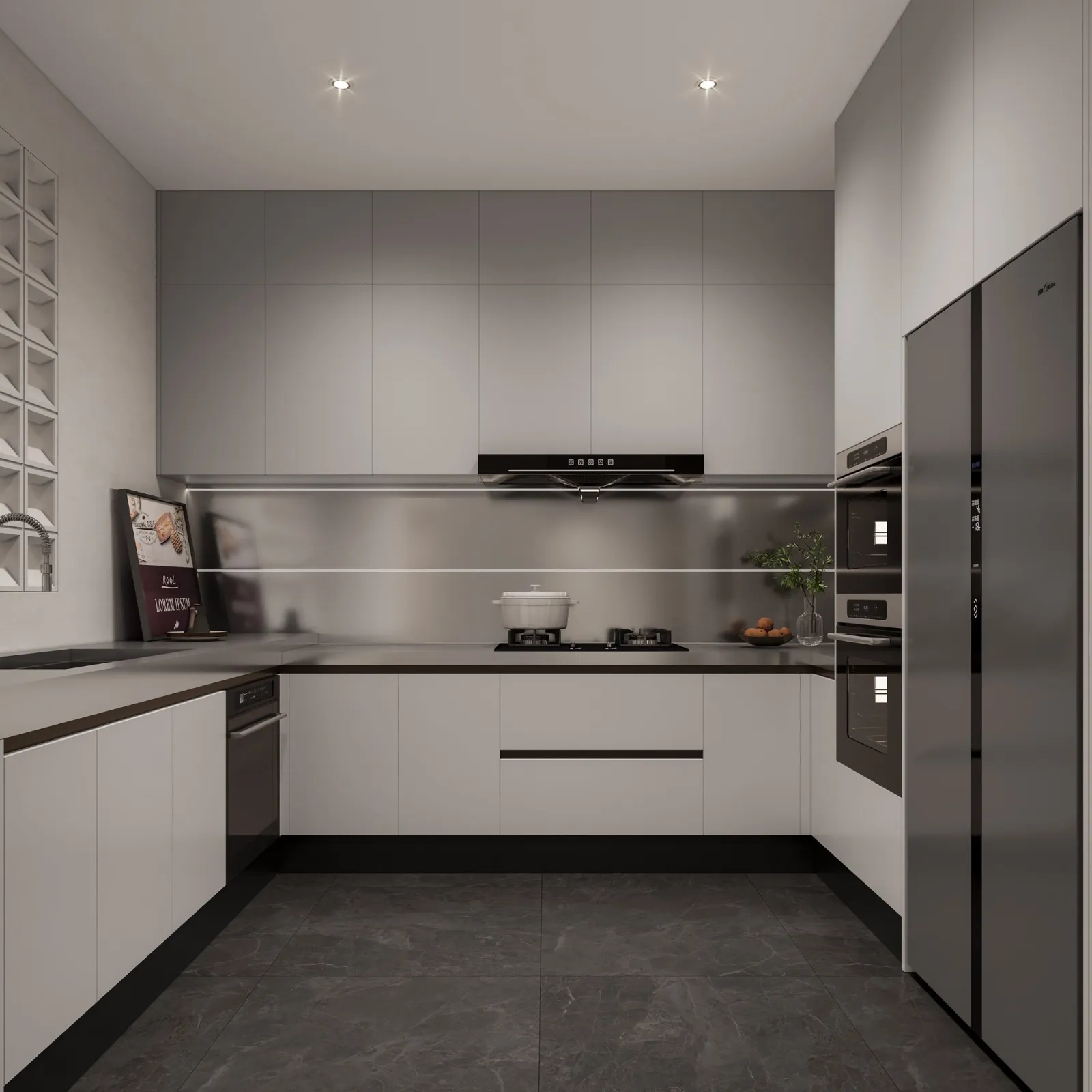 Cocina de showroom en Bangkok con tonos grises suaves y mobiliario esculpido