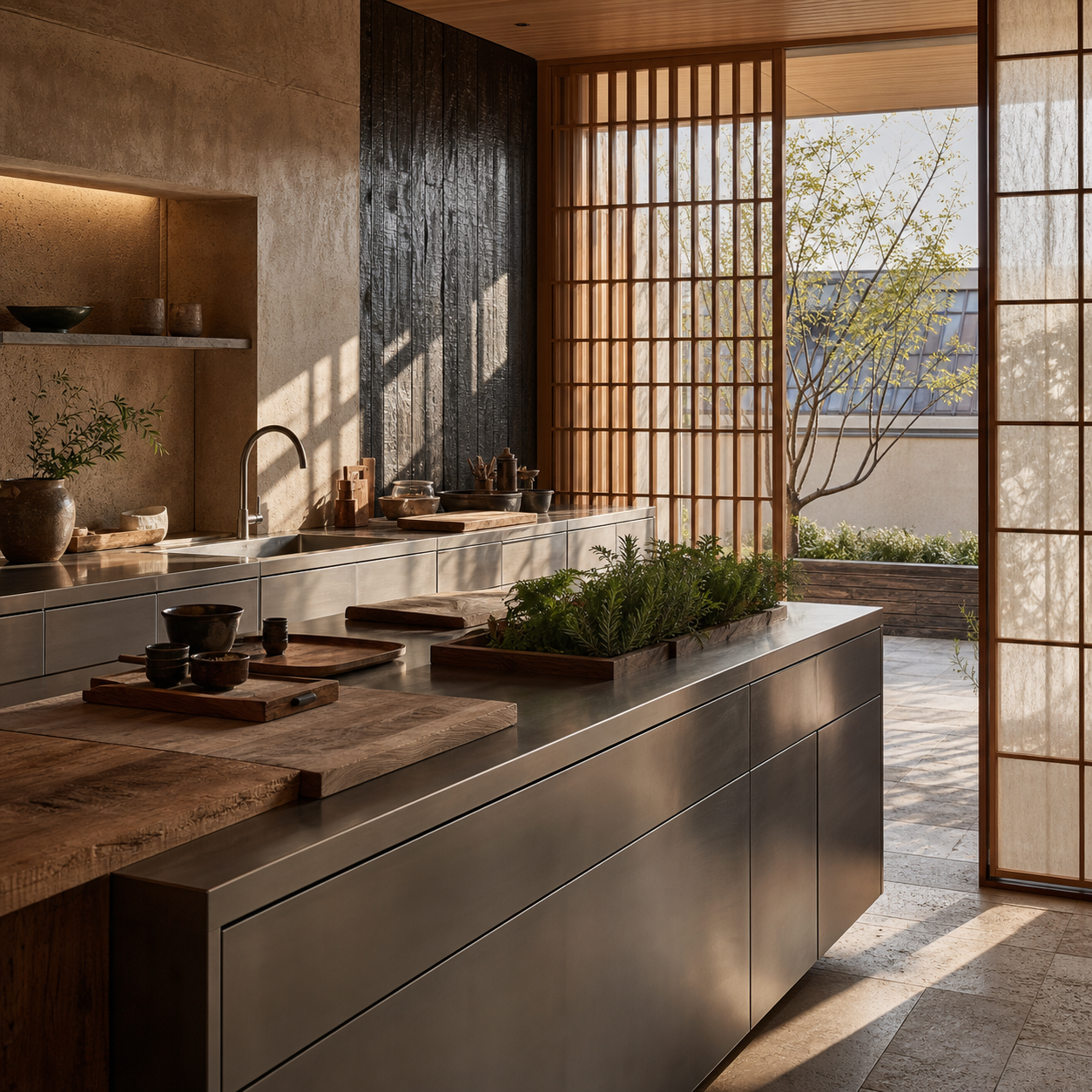 Fadior Budapest 125 sqm Kitchen Penthouse — Kitchen workspace with travertine counter, cabinet drawers, sink, clay wall, cypress shelf, and window light