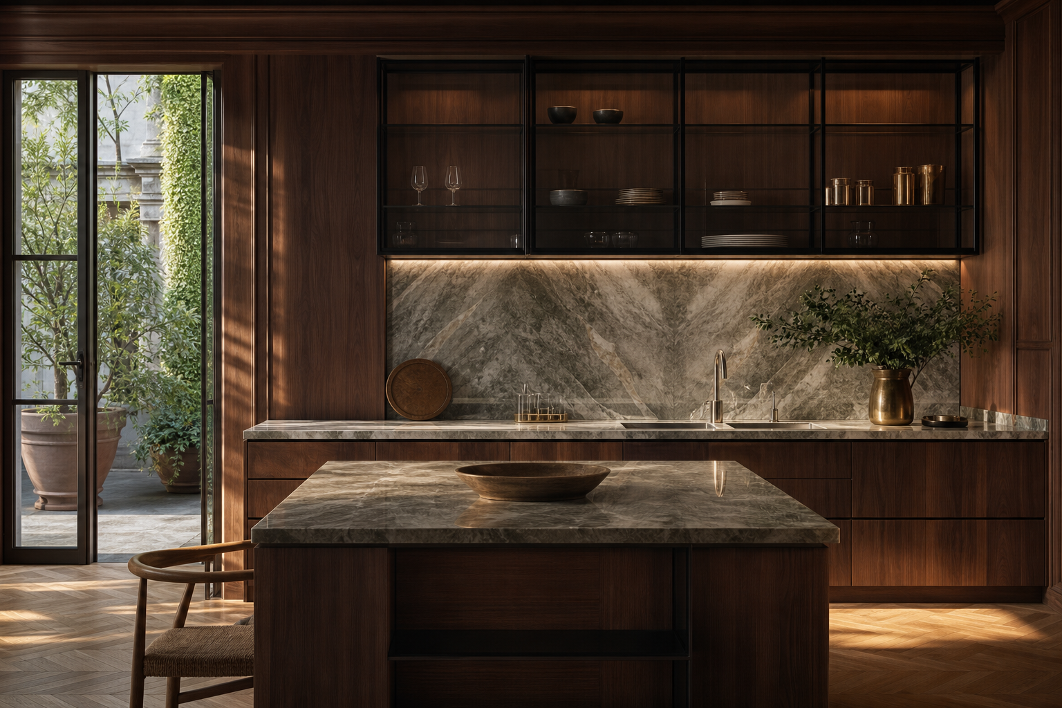 Fadior Milan 650 sqm Kitchen Villa — marble counter, walnut cabinet, oak parquet, glass garden door, plant