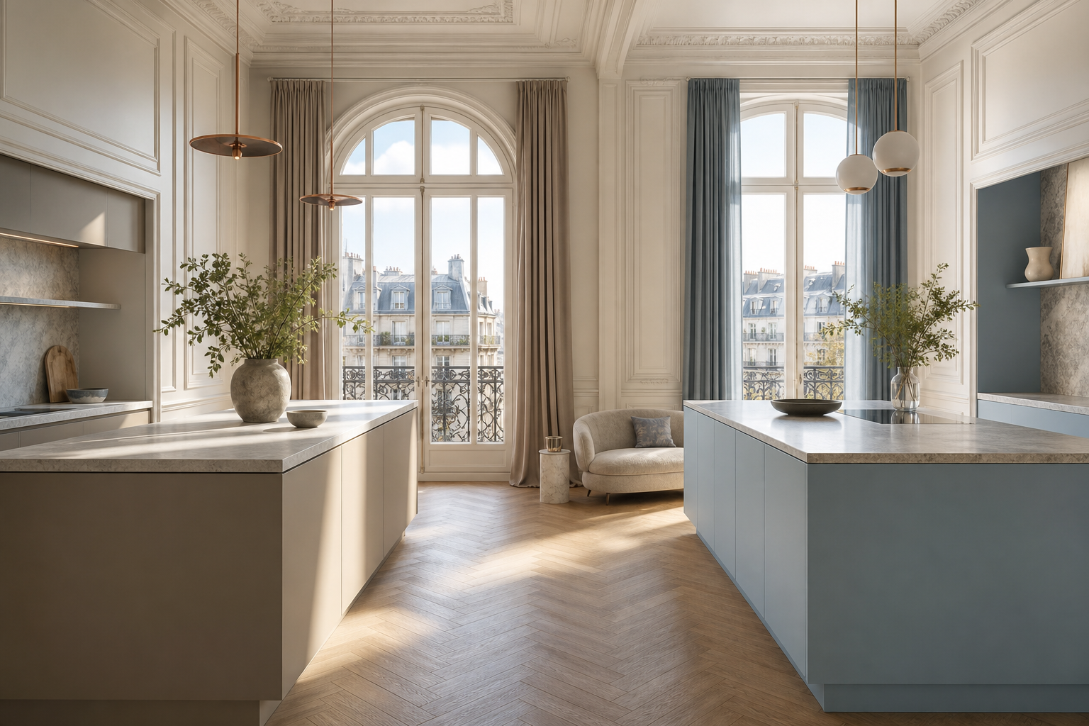 Conceptual two-zone Paris kitchen scene comparing cool slate and warm taupe cabinet palettes