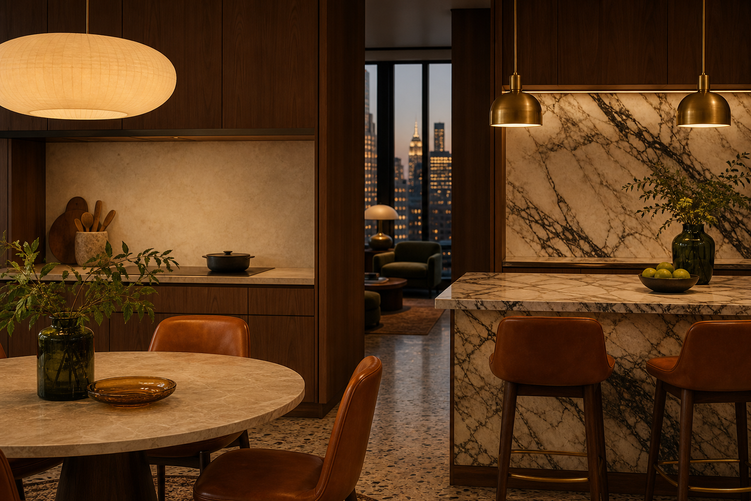 Kitchen decision comparison showing quiet and expressive veined stone zones with walnut cabinetry and warm lighting.