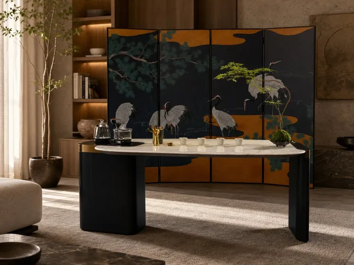 Mesa de té de mármol con tapa en forma de lente 1600×830×720 mm