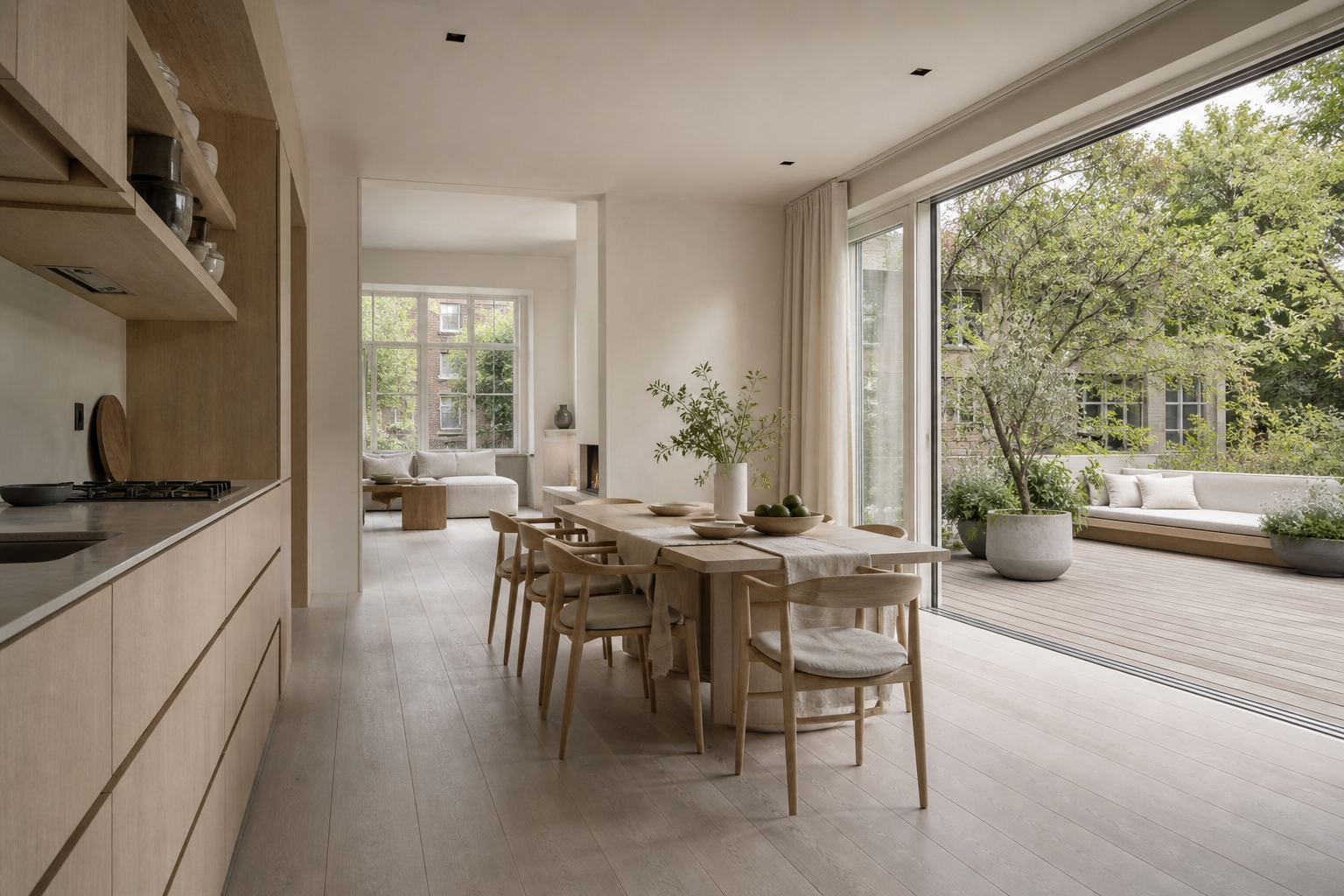 Fadior Amsterdam 450 sqm Kitchen Bath Villa — A kitchen and dining room opens through wide glazing to a planted terrace,