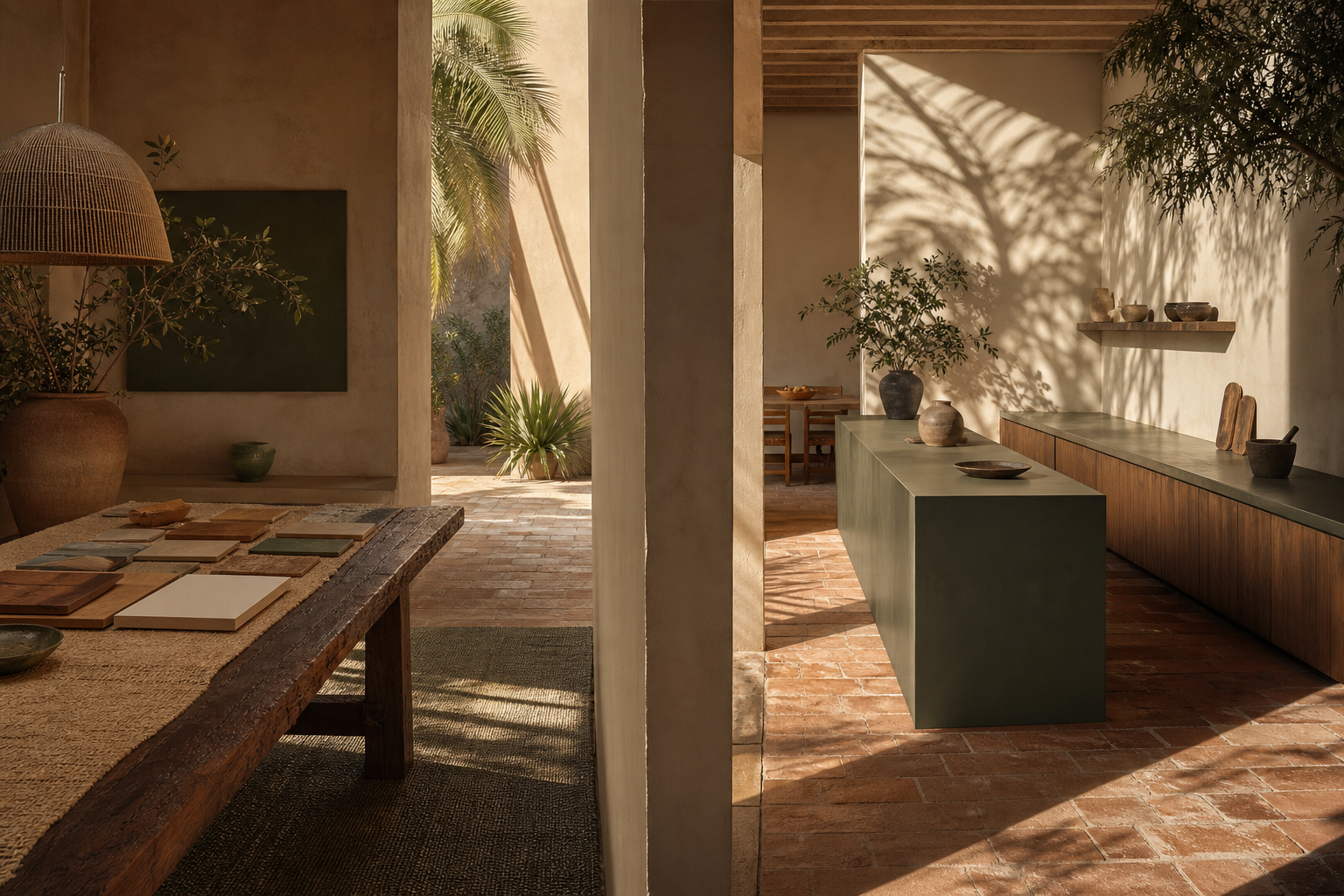 Villa kitchen decision comparison with clay walls and jade finishes for healthier cabinetry choices.