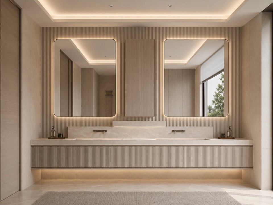 Fadior Verve Bath and Vanity Suite with Sculpted Faucet Ledge — 304 stainless steel bath and vanity system, front view