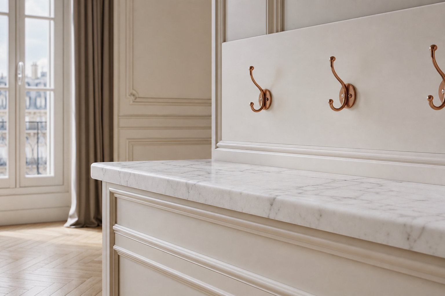 Fadior Savile Entryway Suite with Marble Keydrop Valet Bench — close-up of stainless steel finish and hardware detail
