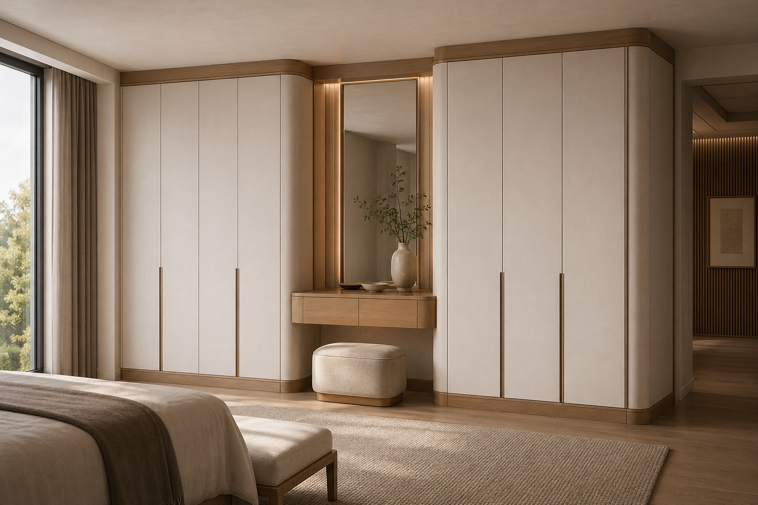 Fadior Canopy Wardrobe Suite with Linen Gallery Dressing Wall — interior room context showing cabinet integration
