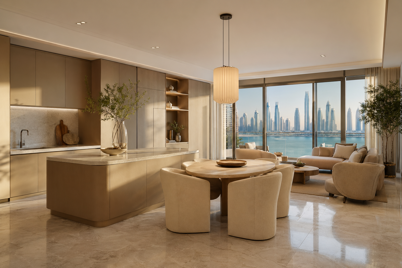 Fadior Dubai Compact Residence — island cabinet, dining table, sofa, skyline window
