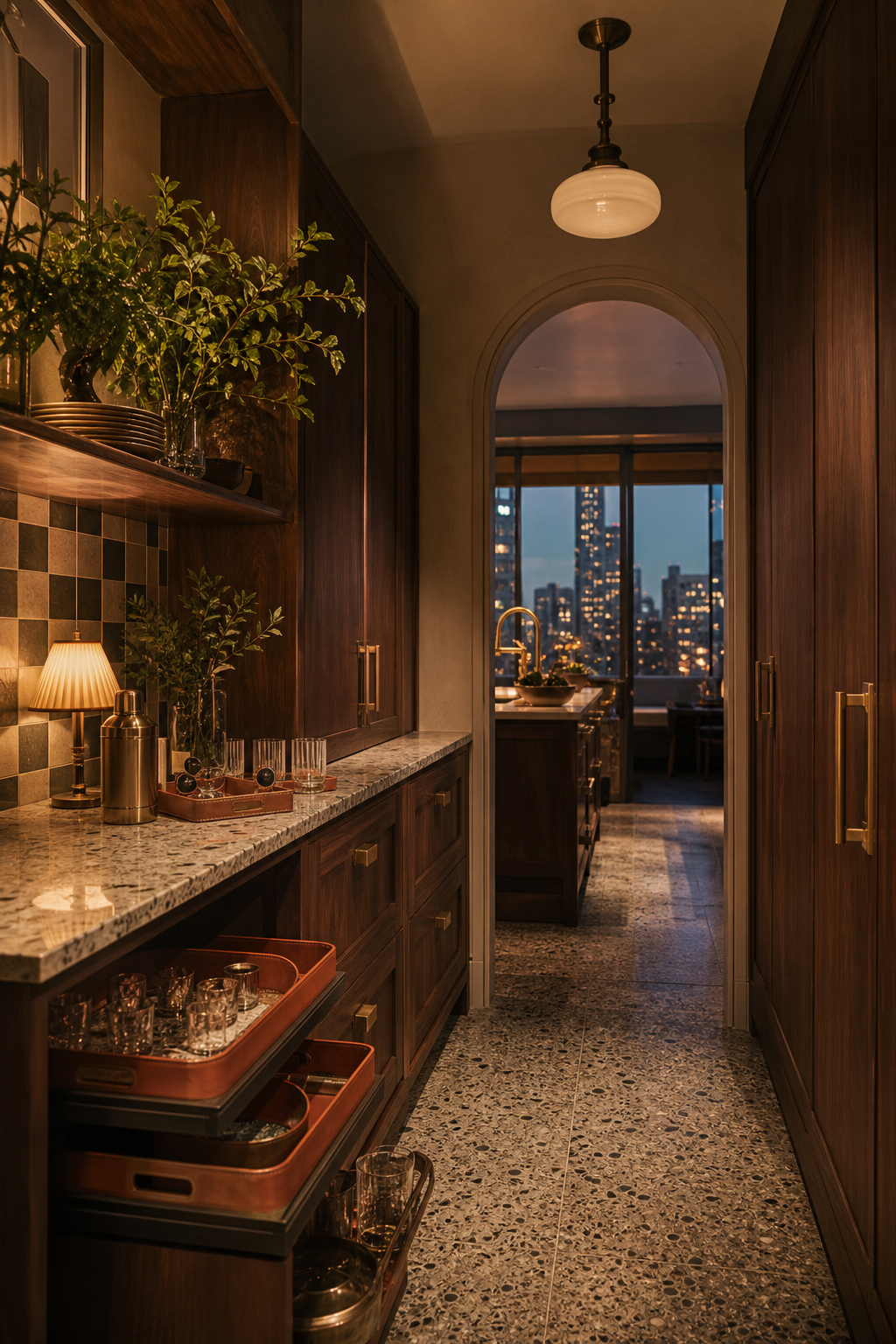 Fadior New York 320 sqm Kitchen Villa — pantry cabinet, stone counter, service shelf, doorway, pendant light