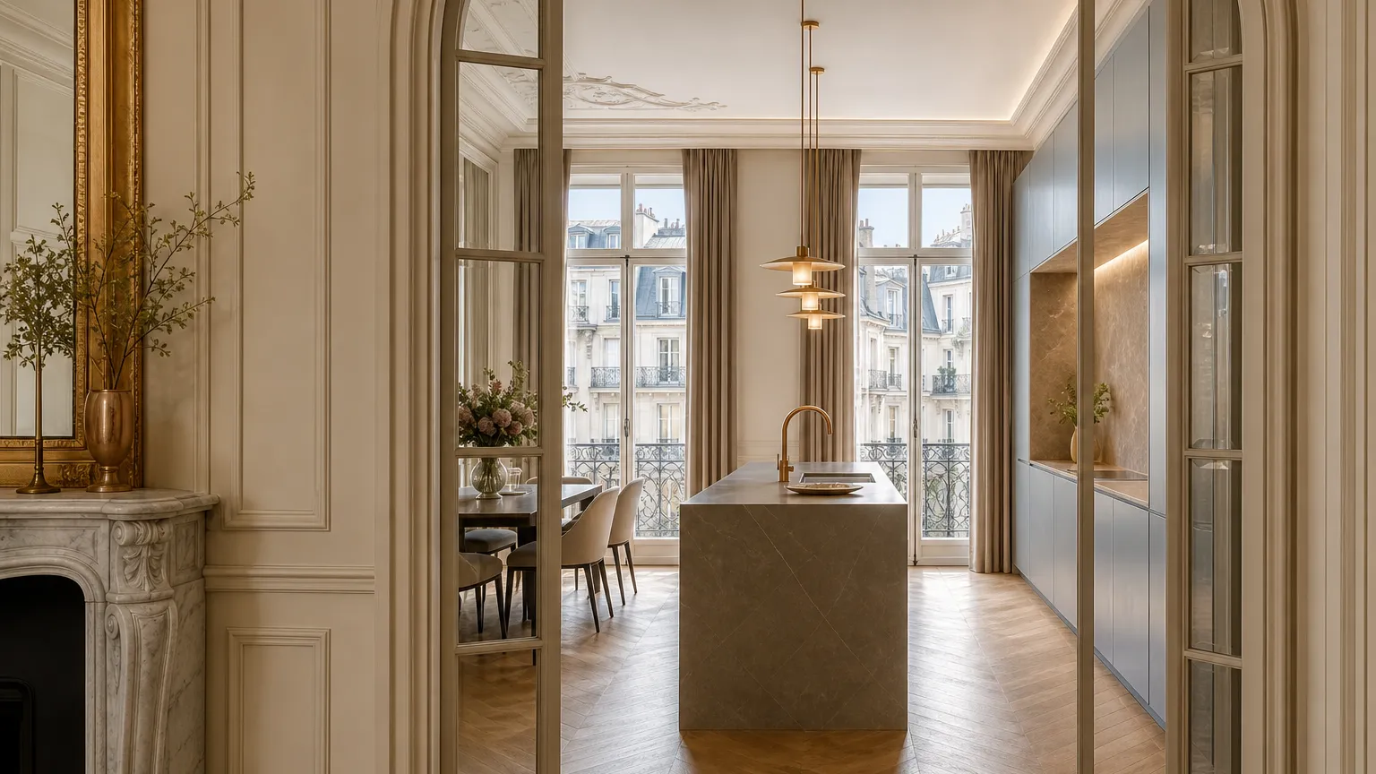 Paris kitchen atmosphere with slate blue cabinetry and warm pendant light for lighting planning decisions.