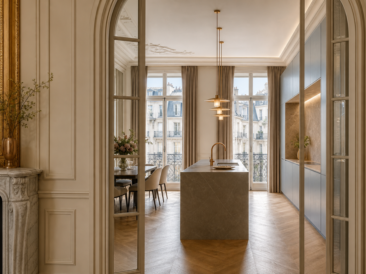 Paris kitchen atmosphere with slate blue cabinetry and warm pendant light for lighting planning decisions. — 304 stainless steel cabinetry editorial by Fadior