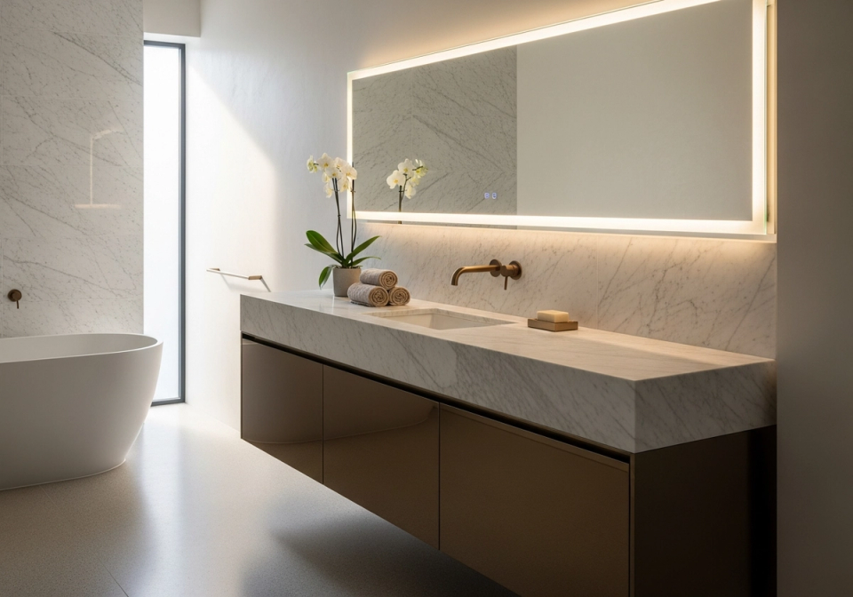 Stainless steel bath vanity with precision detailing