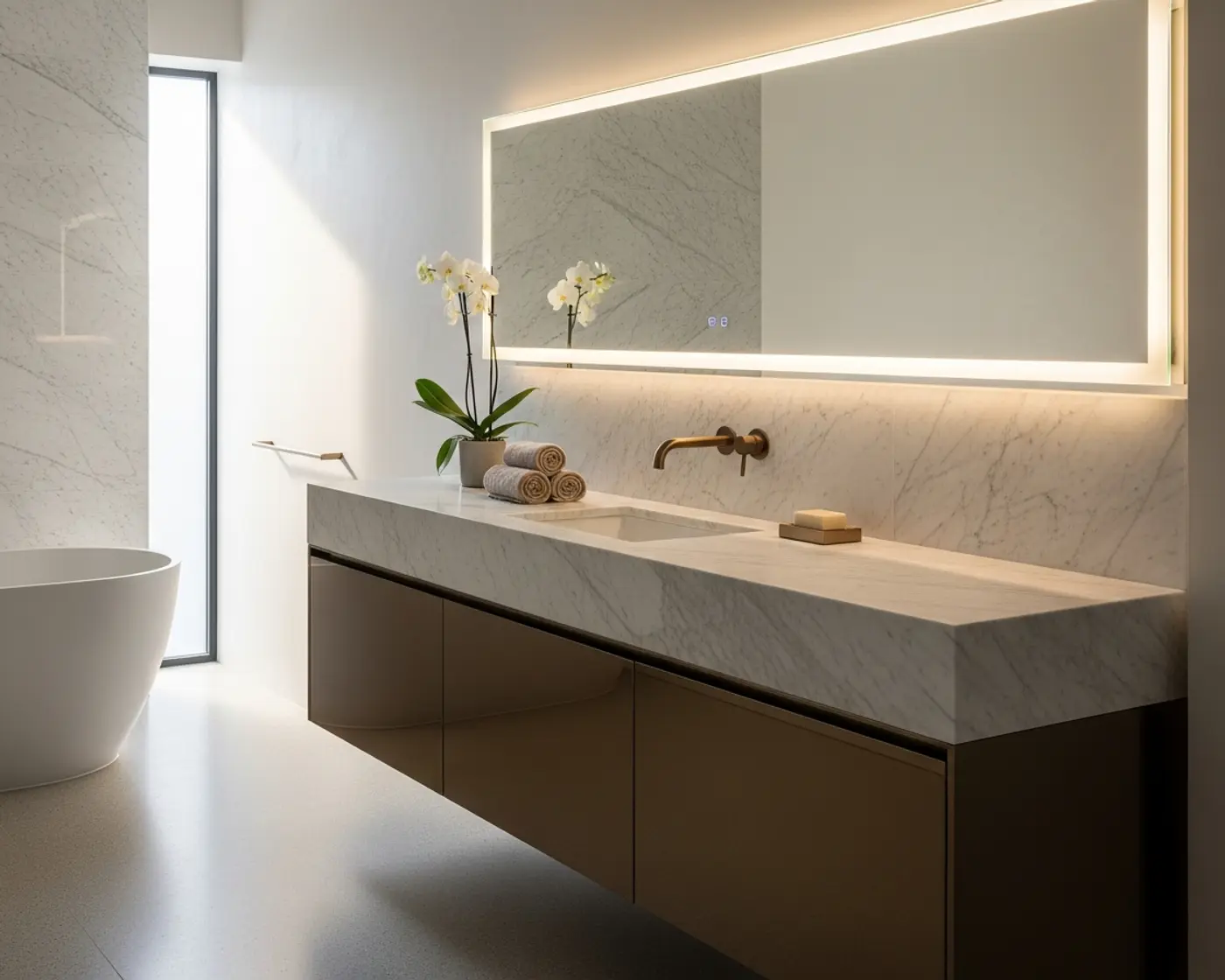 Waterproof stainless steel bath vanity with stone countertop, integrated mirror lighting, and warm PVD-toned storage