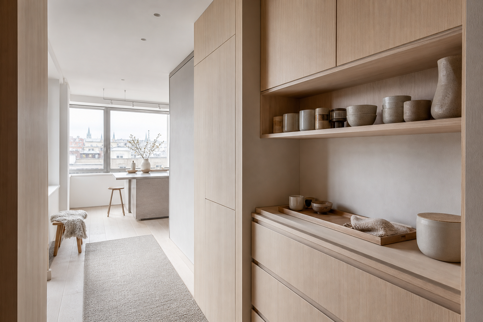 Fadior Brno 110 sqm Kitchen Penthouse - pantry shelves, cabinet drawers, wool rug, city window