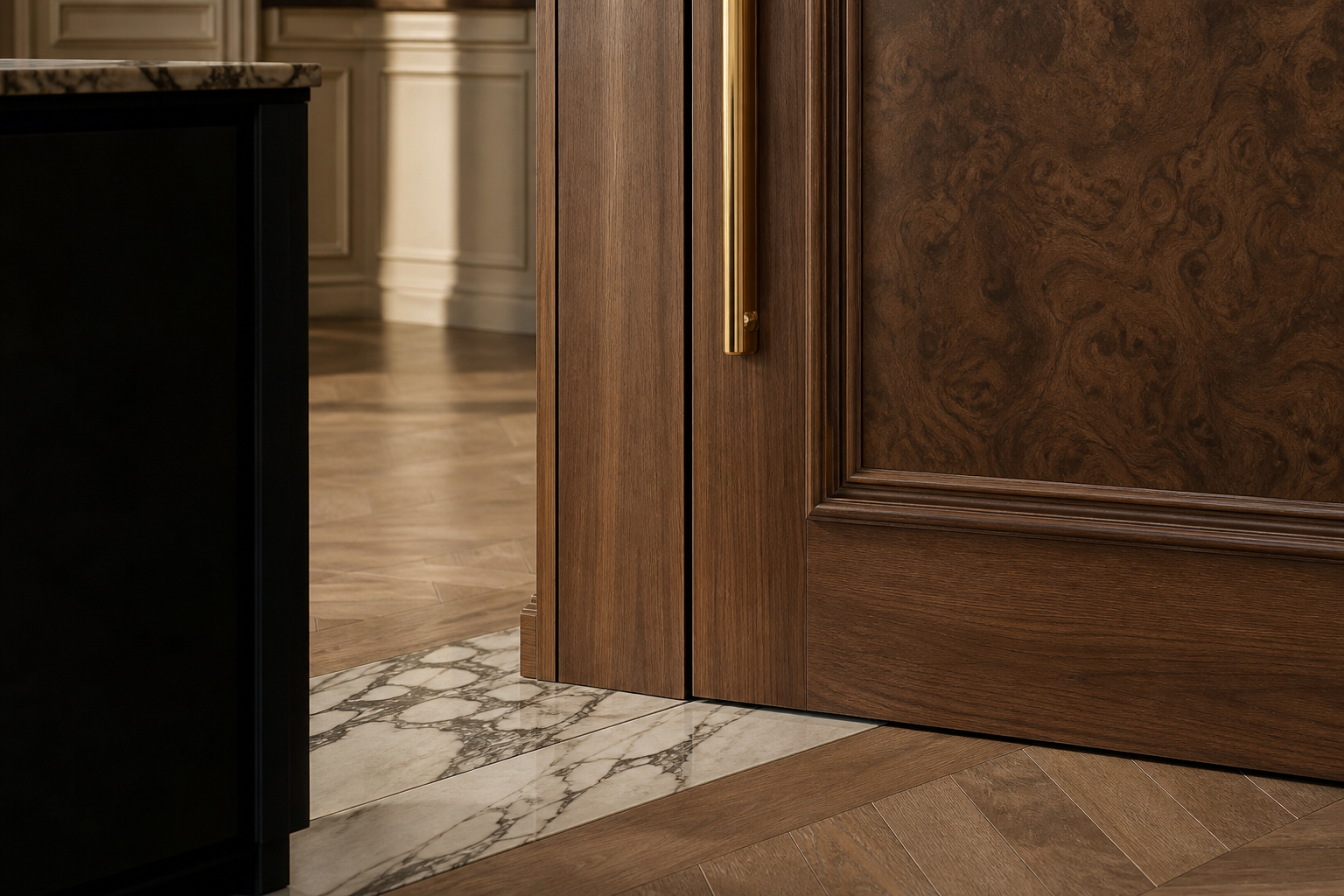 Fadior Silhouette Interior Door with Parchment Axis Pivot — close-up of stainless steel finish and hardware detail