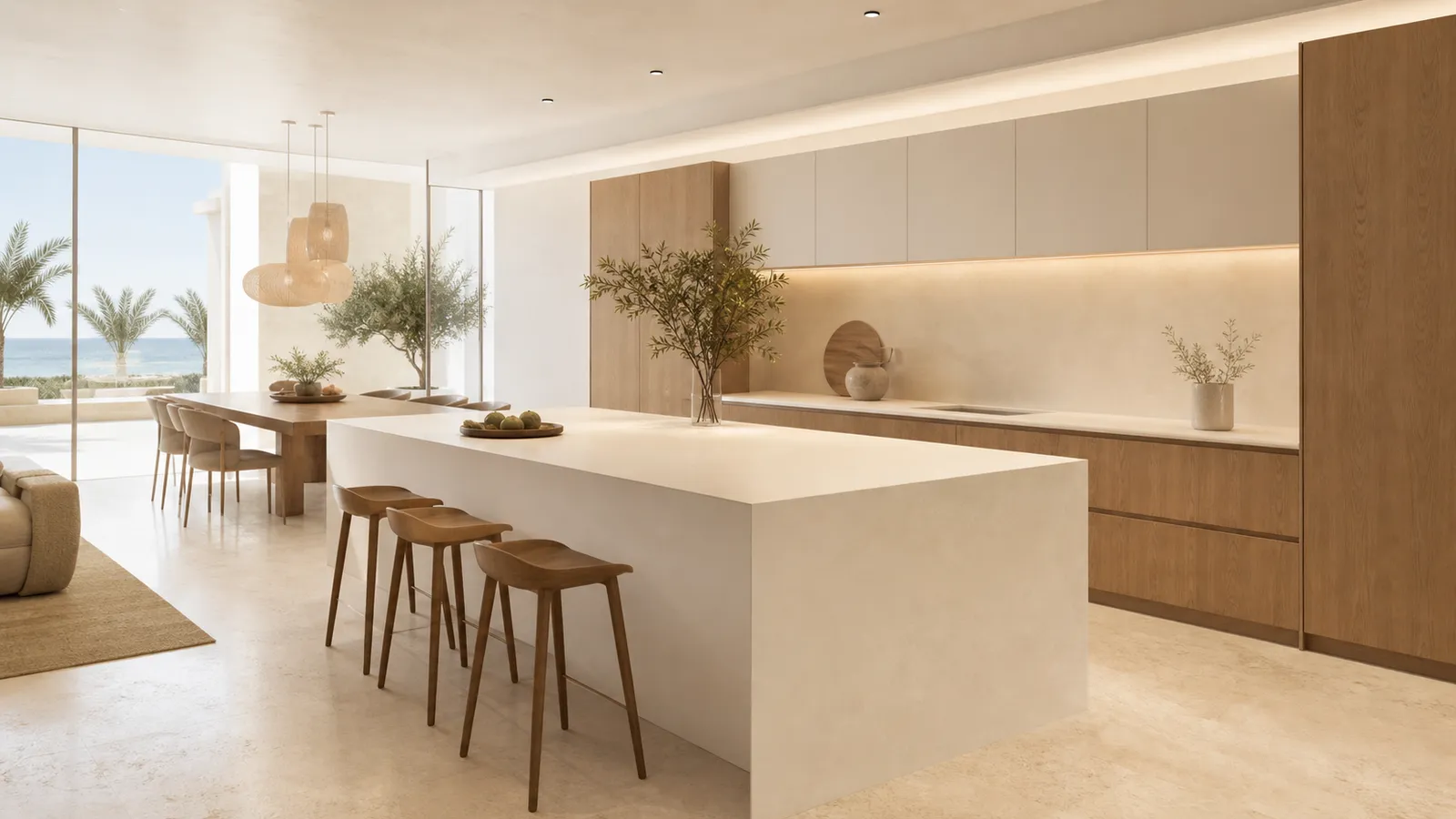Kitchen atmosphere with warm oak-grain fronts, ivory island surfaces, and sunlit villa context.