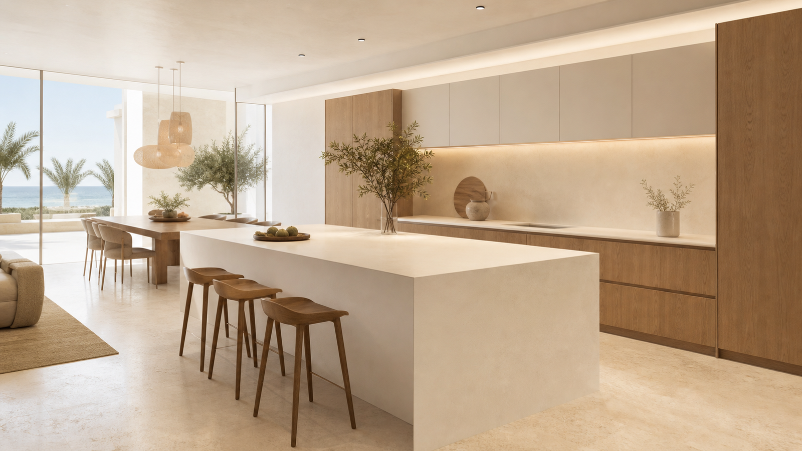 Kitchen atmosphere with warm oak-grain fronts, ivory island surfaces, and sunlit villa context.
