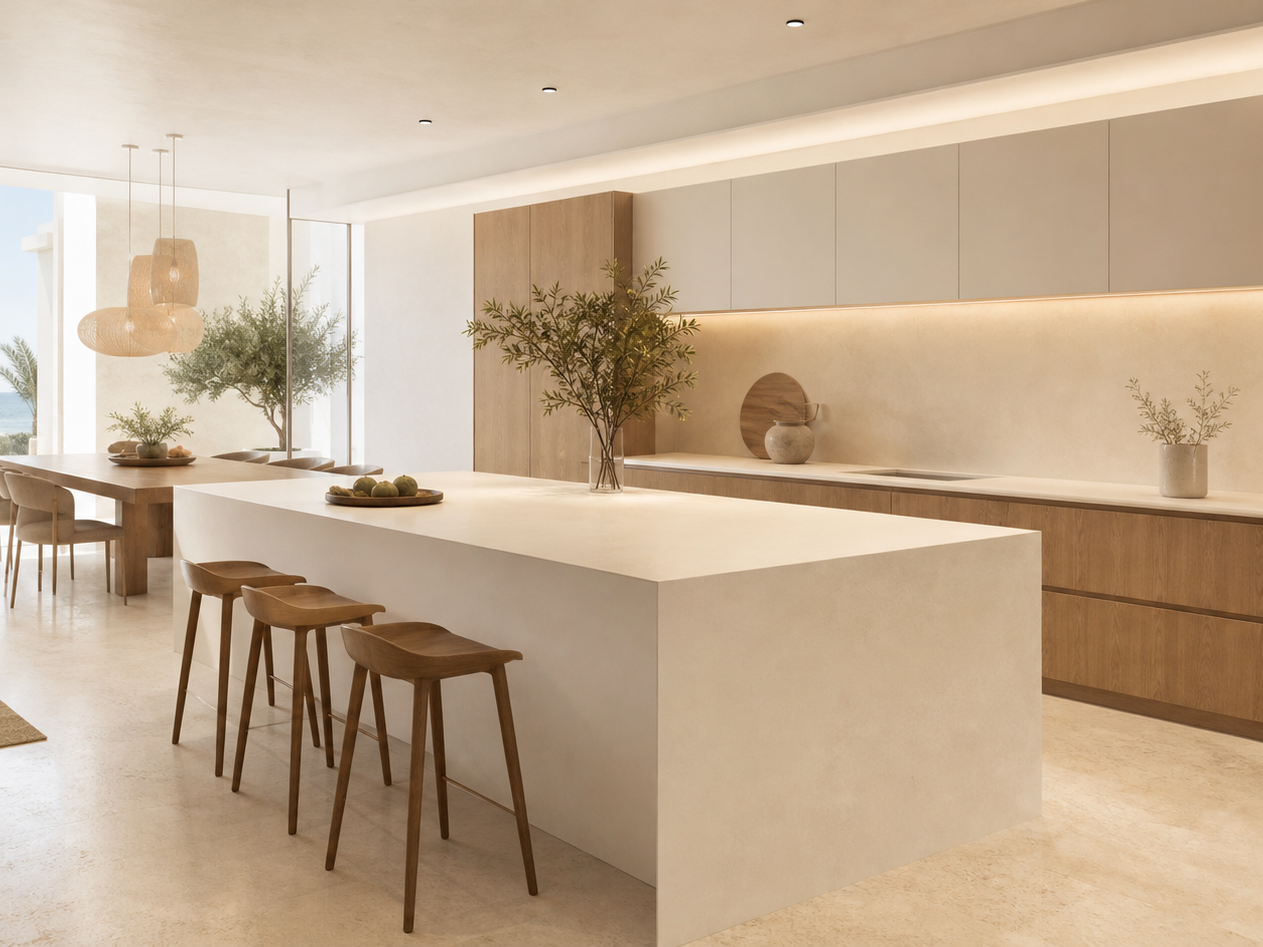 Kitchen atmosphere with warm oak-grain fronts, ivory island surfaces, and sunlit villa context. — 304 stainless steel cabinetry editorial by Fadior