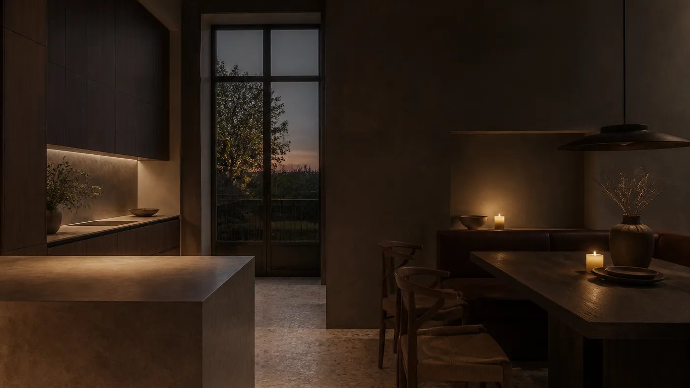 Twilight kitchen atmosphere with smoked oak and putty walls, showing a calm premium dining context for hardware decisions.