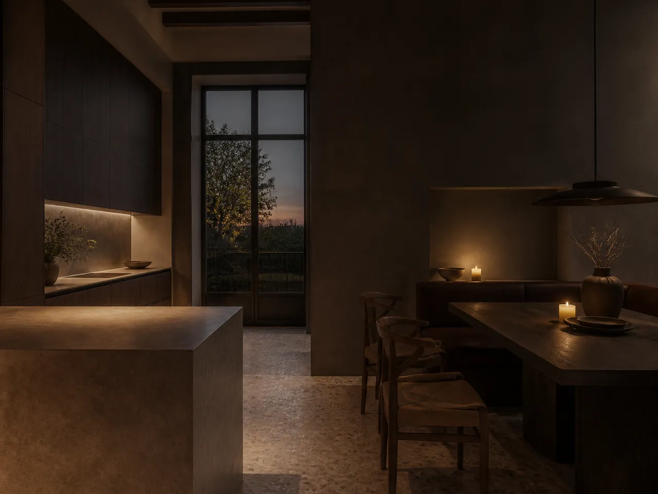 Twilight kitchen atmosphere with smoked oak and putty walls, showing a calm premium dining context for hardware decisions. — 304 stainless steel cabinetry editorial by Fadior