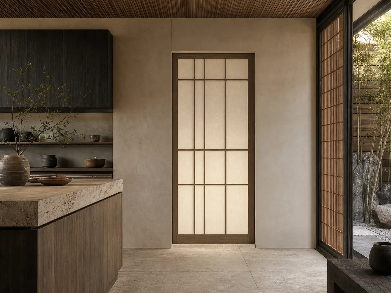 Fadior Silhouette Cypress Lattice Threshold Door - full-height stainless steel interior door with concealed frame, quiet hardware, and matching wall panel continuity