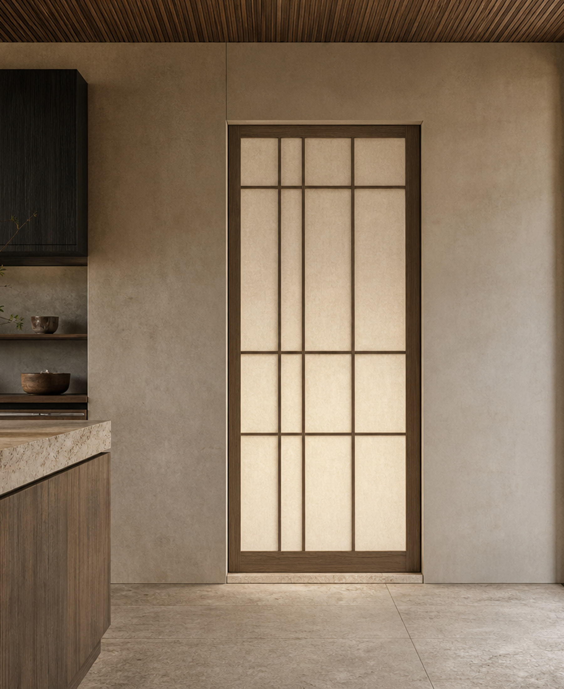 Fadior Silhouette Cypress Lattice Threshold Door — 304 stainless steel interior door system, front view