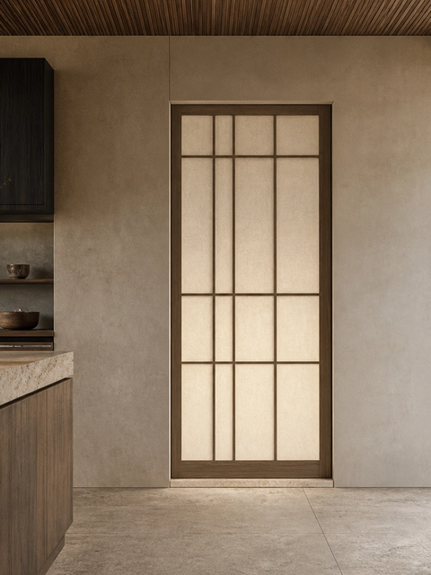 Fadior Silhouette Cypress Lattice Threshold Door — 304 stainless steel interior door system, front view