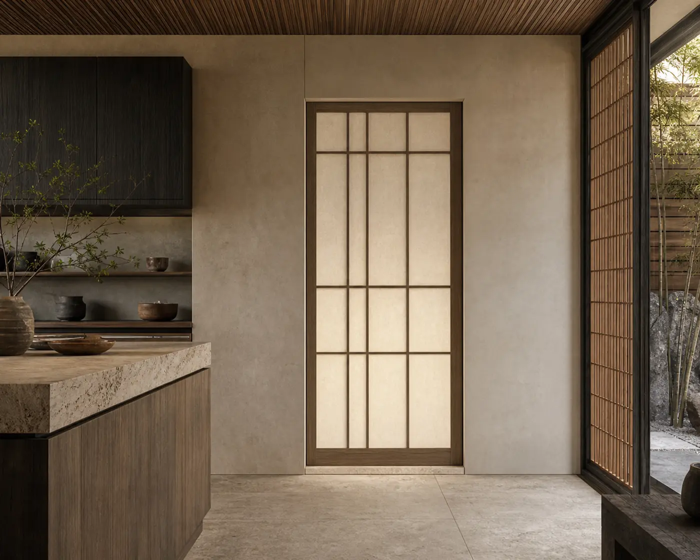 Full-height stainless steel interior door with concealed frame and matching wall panels by Fadior