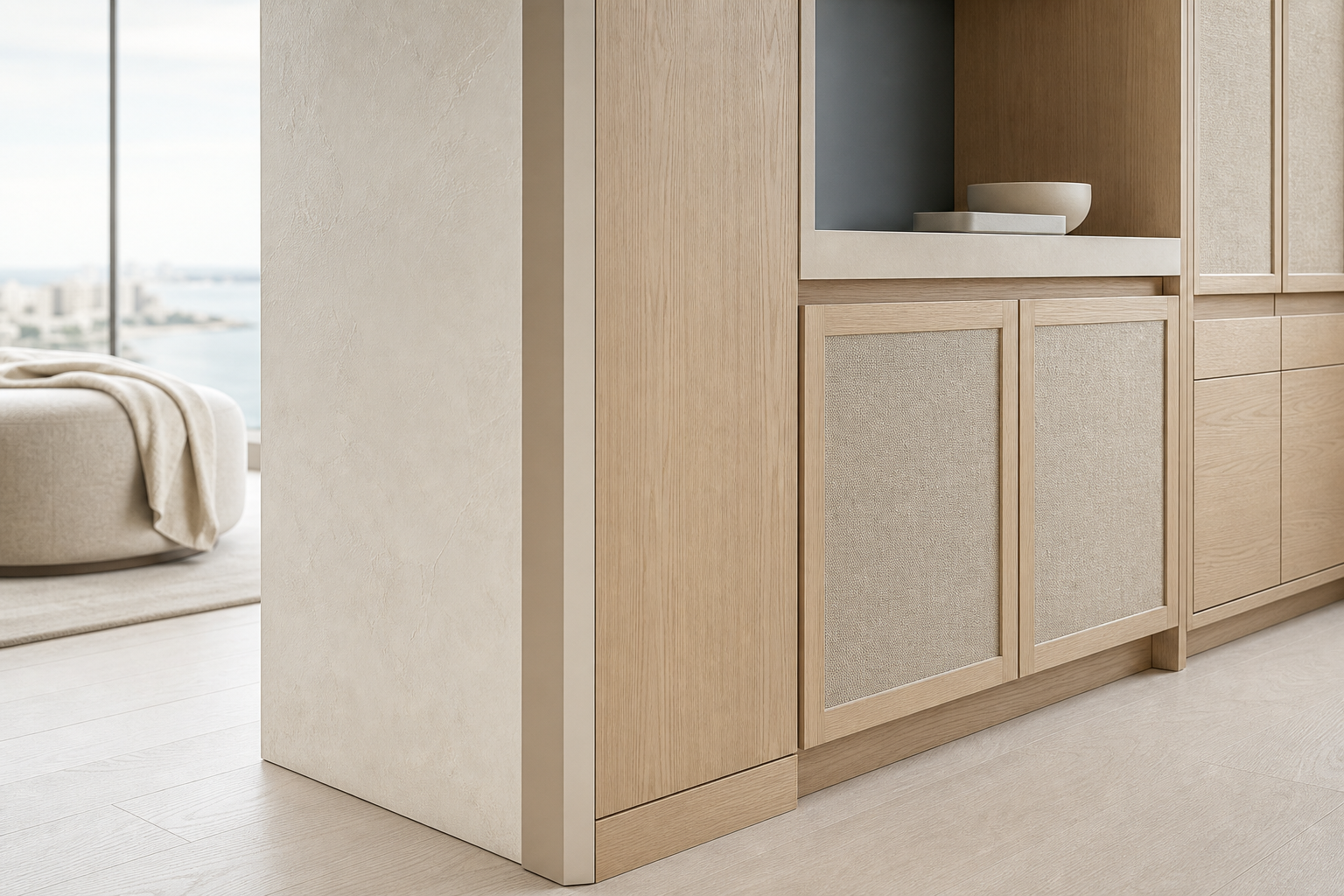 Fadior Elementum Wardrobe Suite with Satin Linen Packing Alcove — close-up of stainless steel finish and hardware detail