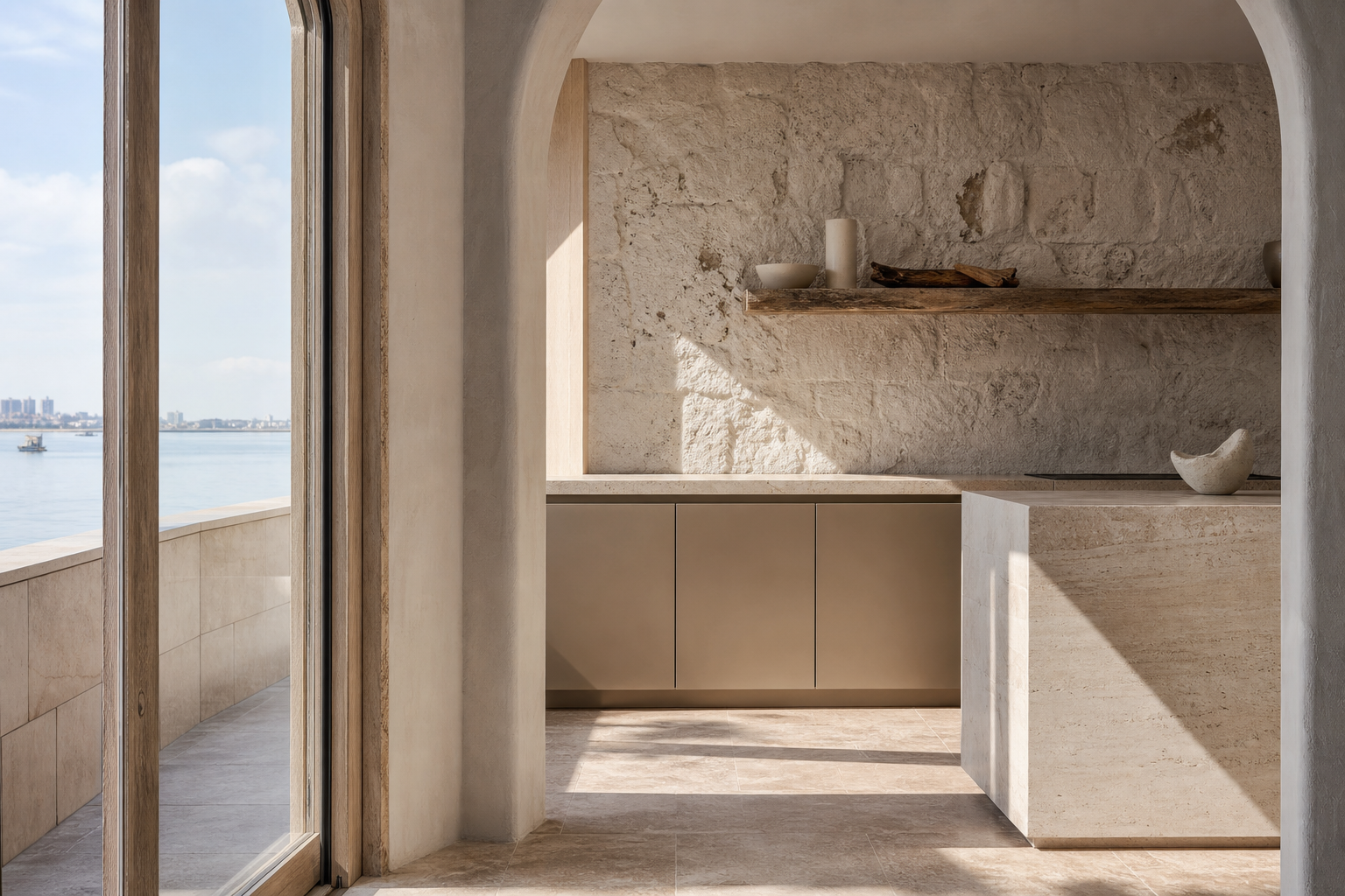 Fadior Hangzhou 220 sqm Kitchen Penthouse — Hangzhou cabinet plane, travertine tile, plaster wall, teak edge, stone counter