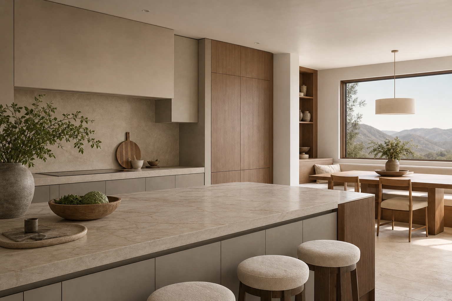 Warm grey villa kitchen with integrated appliance zones, pale stone island, oak breakfast nook, and calm morning light.