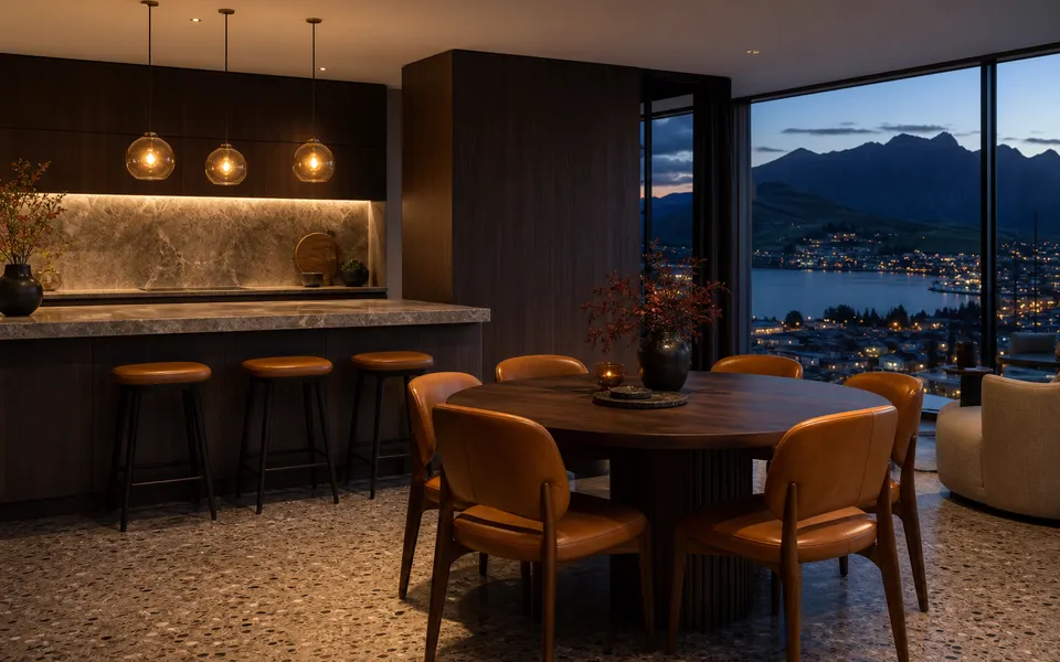 Fadior Queenstown 185 sqm Kitchen Penthouse — Queenstown Kitchen Penthouse — island, dining table, window, cabinetry, skyline — 304 stainless steel cabinetry installation by Fadior