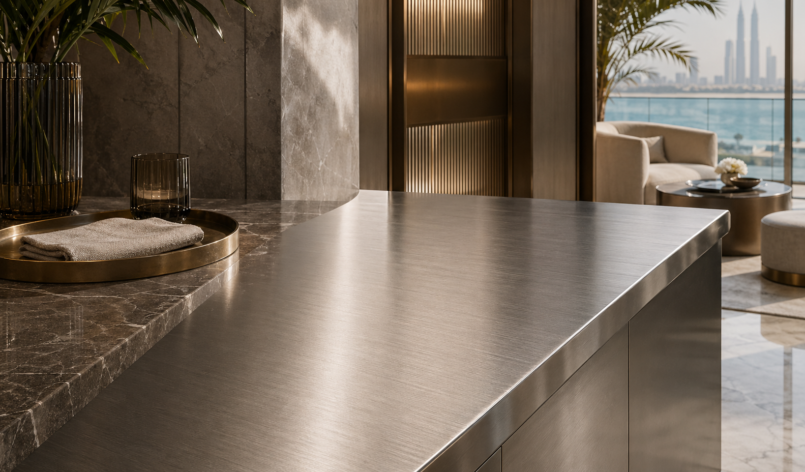 Fadior Dubai Boutique Suite Hotel — brushed stainless countertop, marble slab, bronze tray, window light