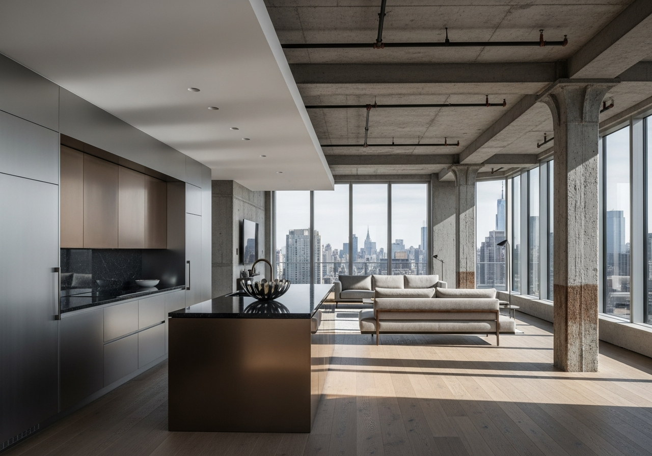 Fadior Tribeca Cast-Iron Penthouse — living space with panoramic city view