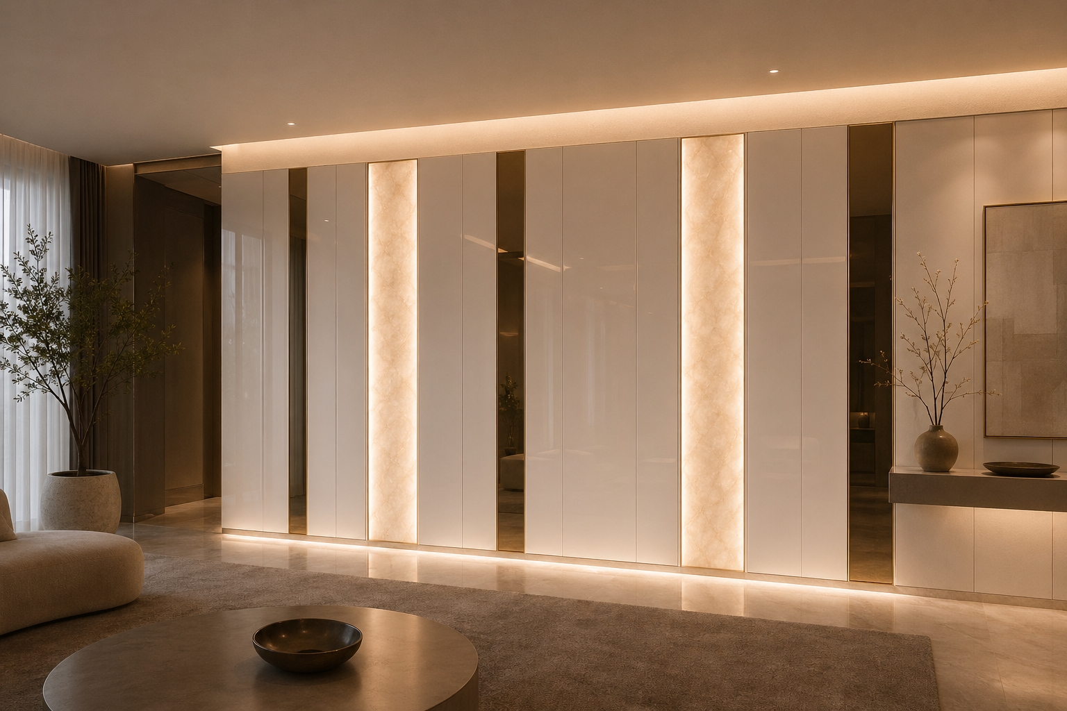 Fadior Miroir Wall Panel Suite with Backlit Mineral Glow Plane — lifestyle setting with natural light and residential styling