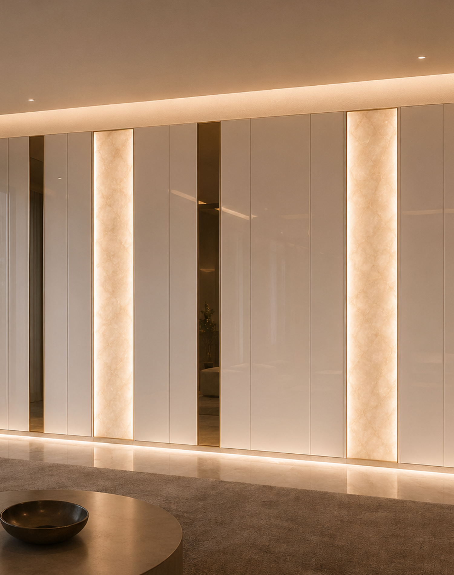 Fadior Miroir Wall Panel Suite with Backlit Mineral Glow Plane — lifestyle setting with natural light and residential styling