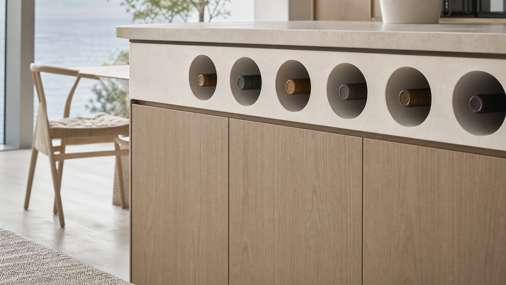 Fadior Gloria Wine Cabinet with Chalk Plaster Bottle Salon — close-up of stainless steel finish and hardware detail