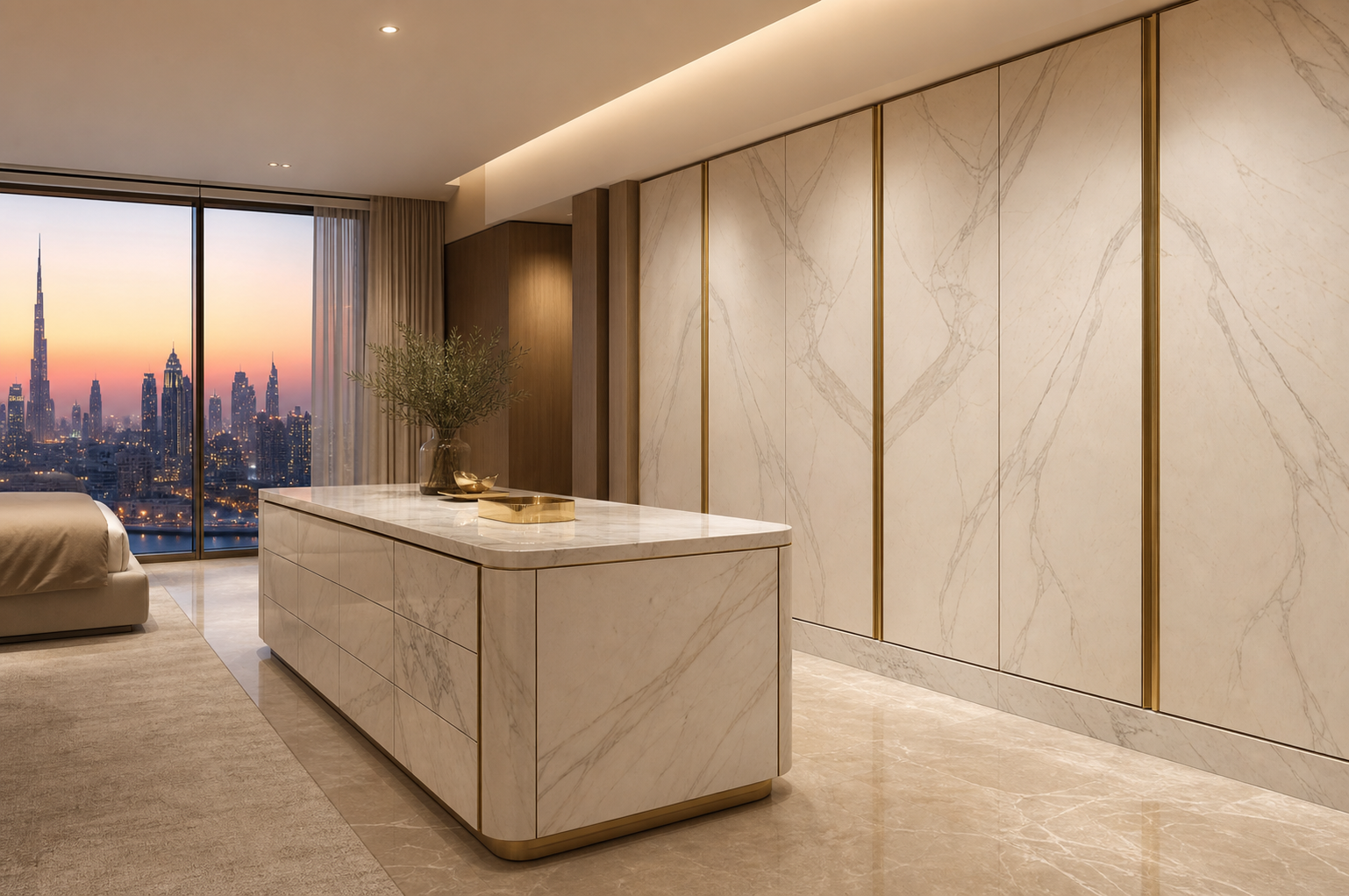 Fadior Canopy Marble Plinth Wardrobe Wall — interior room context showing cabinet integration