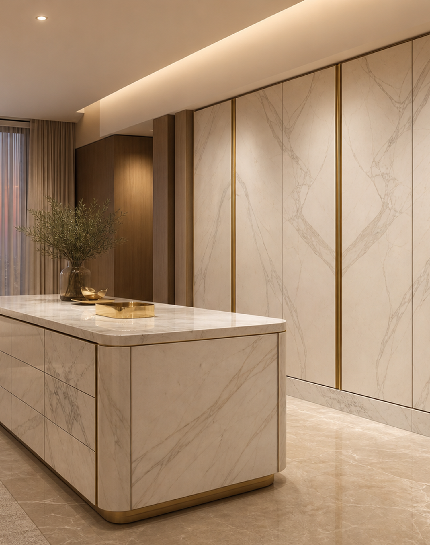 Fadior Canopy Marble Plinth Wardrobe Wall — interior room context showing cabinet integration