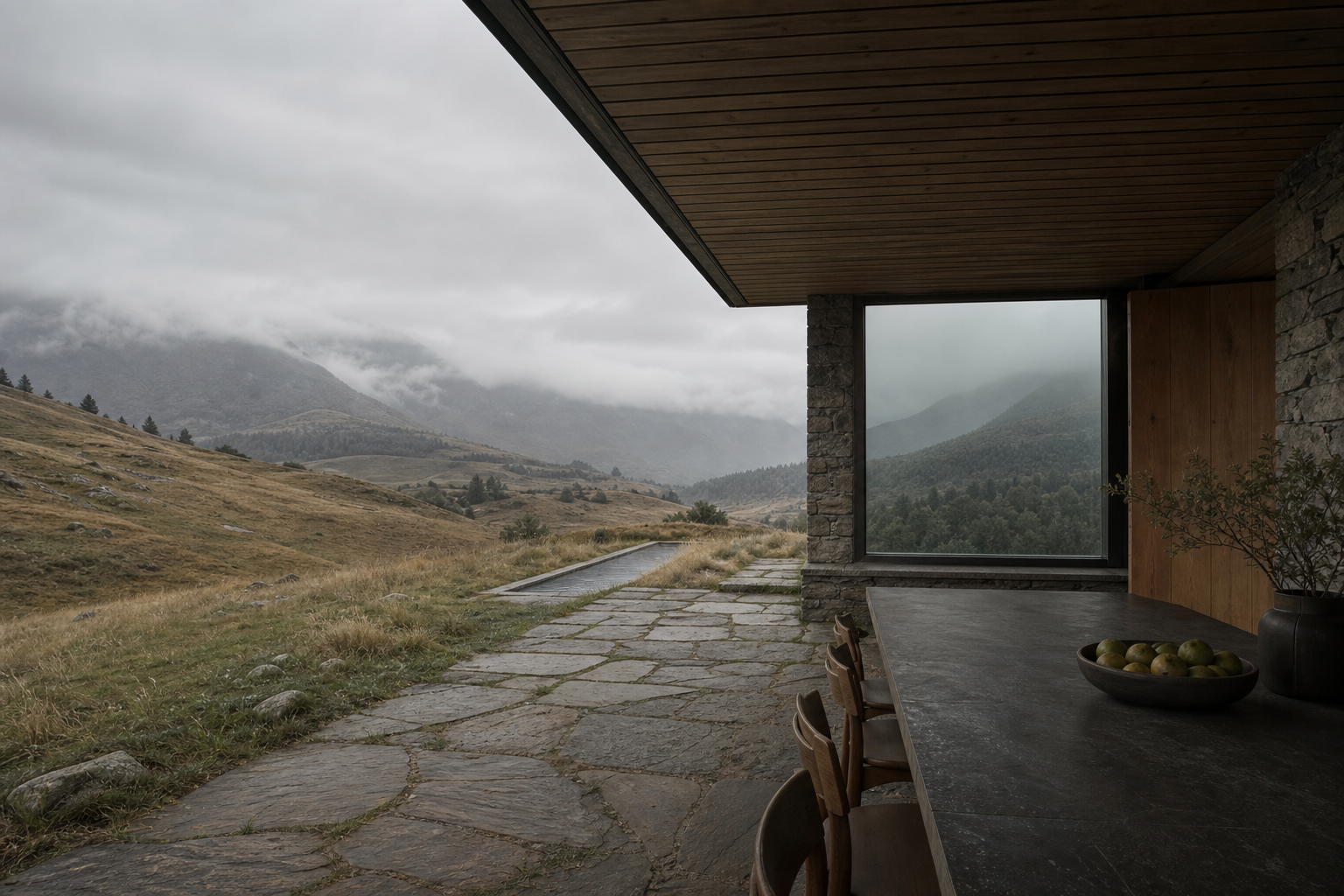 Calm kitchen terrace context for weekly family cooking and hosting beside a mountain meadow