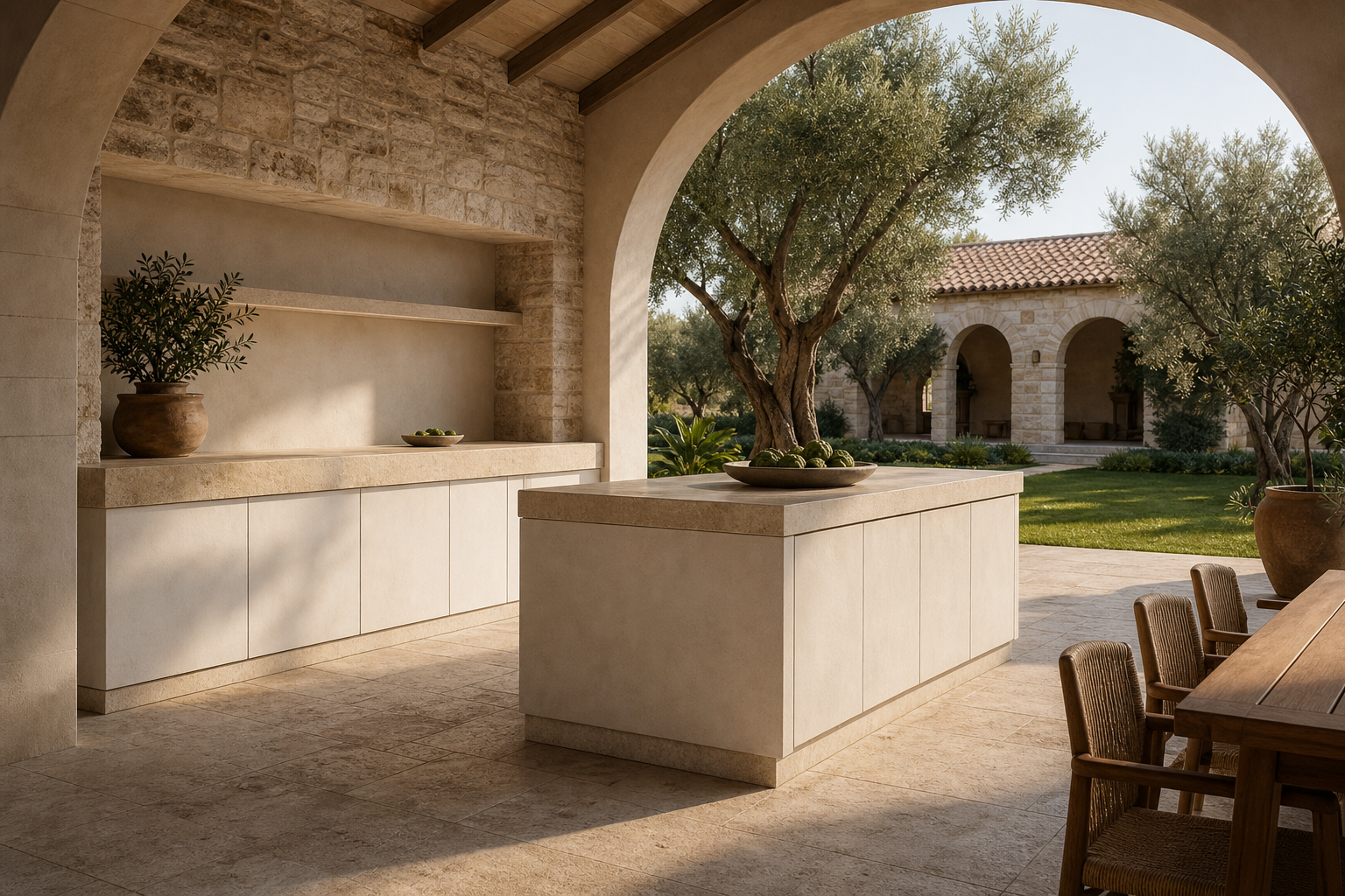Suite de Cocina Exterior Vantage con Isla de Servicio Rain Veil perspectiva interior